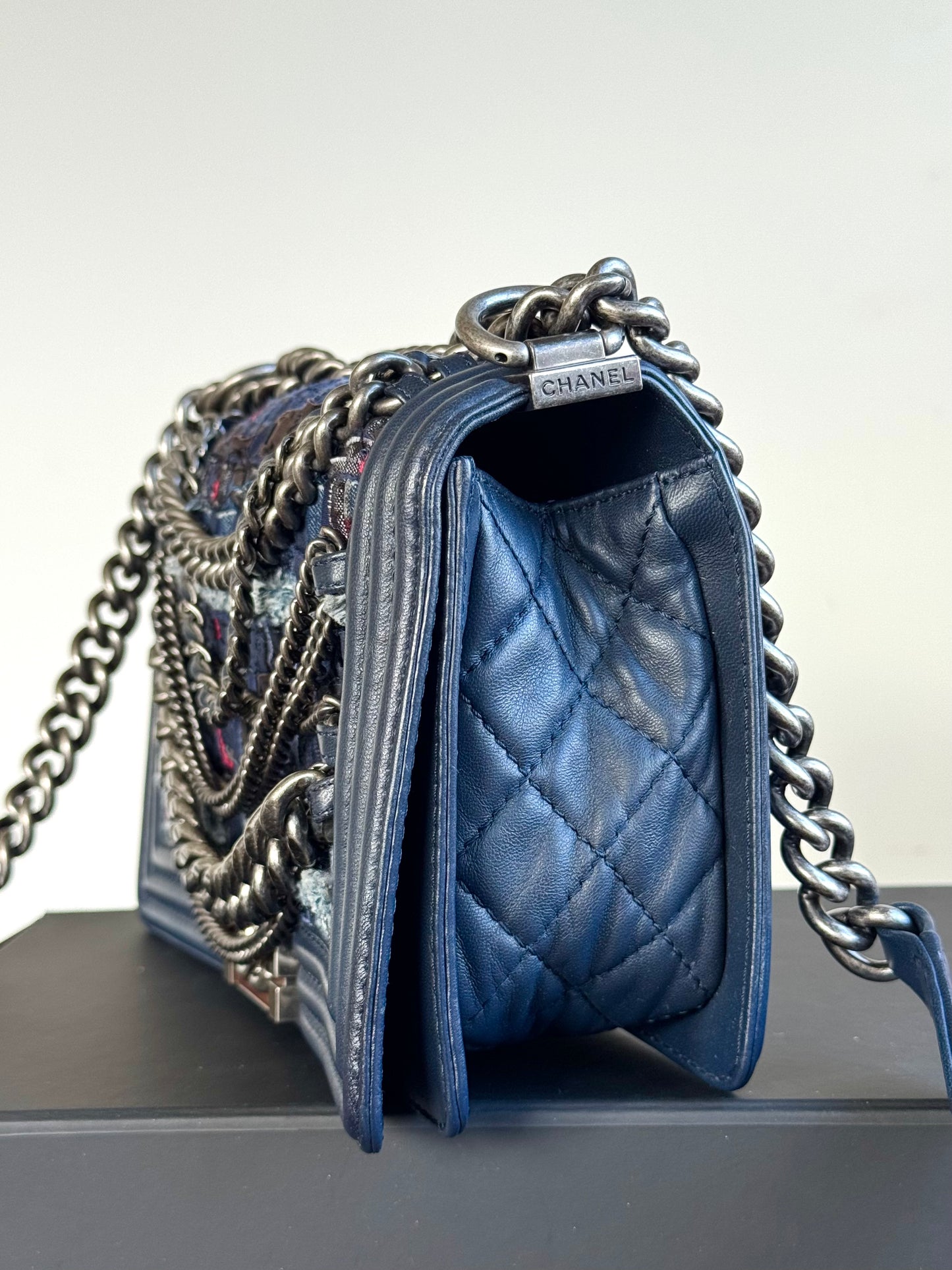 Pre-owned Chanel Boy Medium Blue Denim Tweed Leather Flap Bag