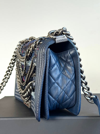 Pre-owned Chanel Boy Medium Blue Denim Tweed Leather Flap Bag