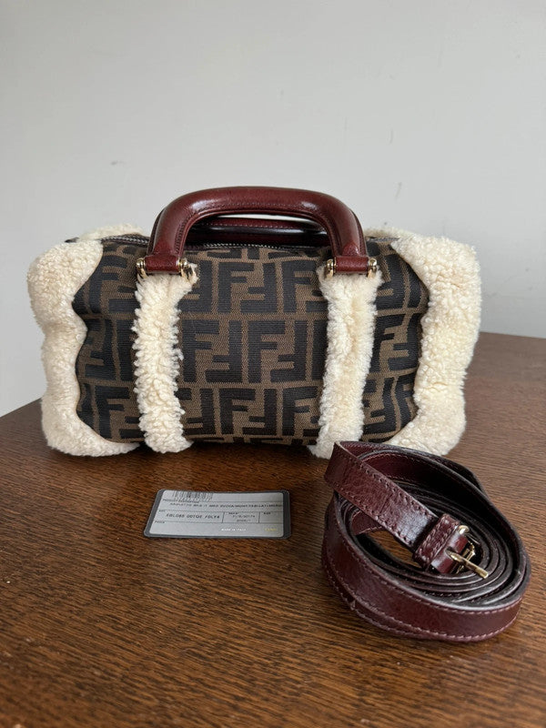 Pre-owned Fendi Zucca Monogram Brown Canvas Wool Boston Bag