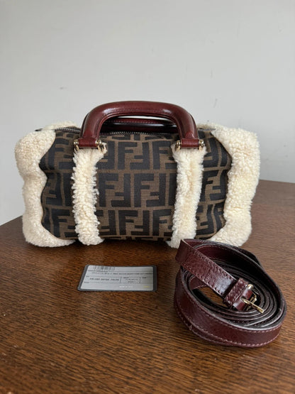 Pre-owned Fendi Zucca Monogram Brown Canvas Wool Boston Bag