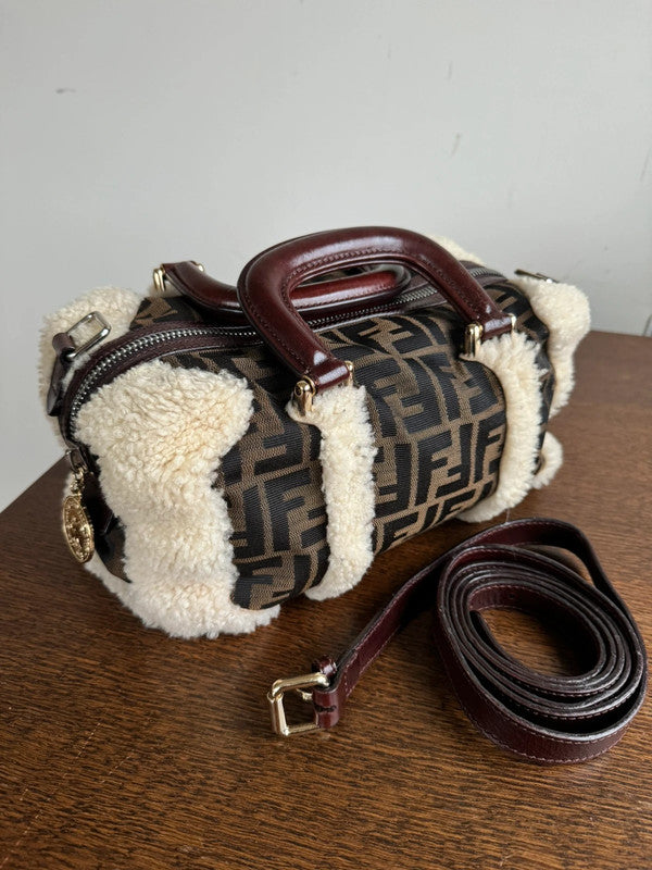 Pre-owned Fendi Zucca Monogram Brown Canvas Wool Boston Bag